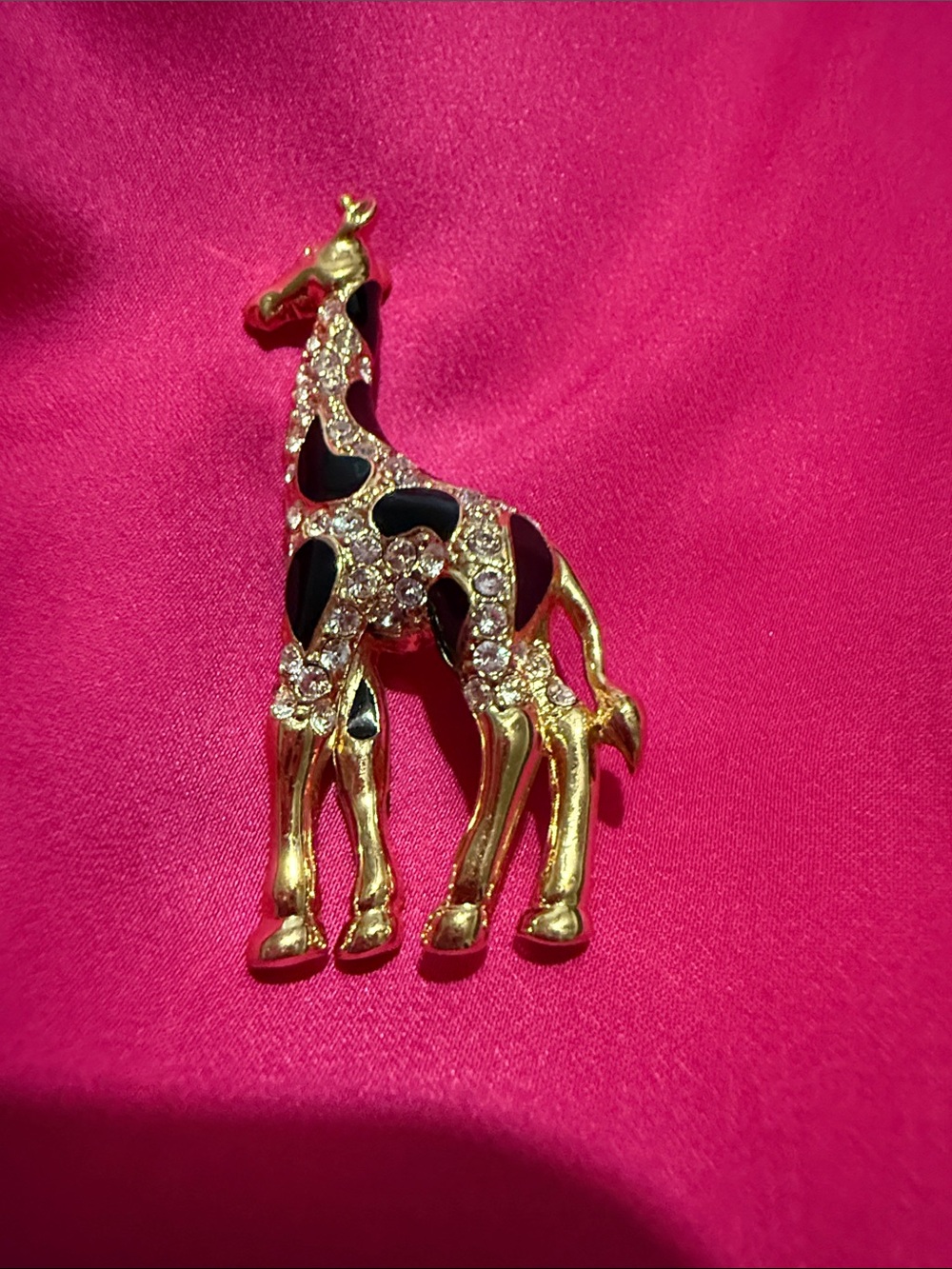 Gold & Black Giraffe Brooch with Crystal Accents